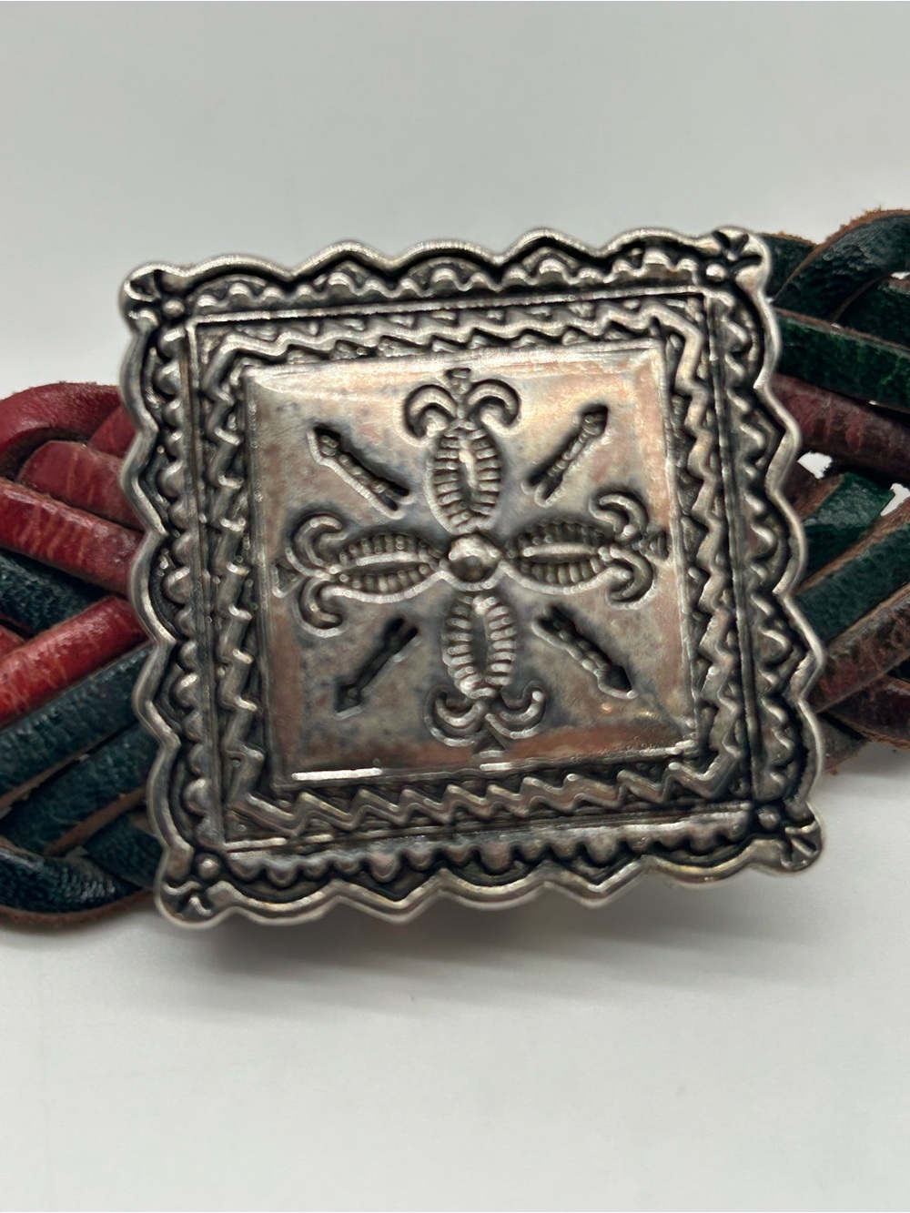 Vintage Braided Brown Red and Green Leather Belt with Silver Accent Squares - Picture 3 of 9